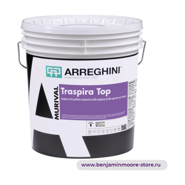 Arreghini Traspira Top клеевая водостойкая воздухопроницаемая моющаяся краска с низкой разбрызгиваемостью и высокой степенью покрытия для внутренних работ — фото | www.benjaminmoore-store.ru