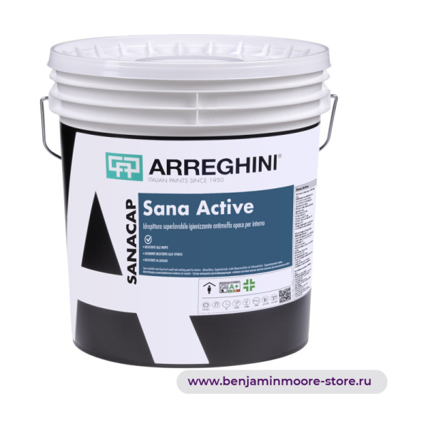 Arreghini Sana Active супер-моющаяся дезинфицирующая клеевая матовая краска против плесени для внутренних работ — фото | www.benjaminmoore-store.ru